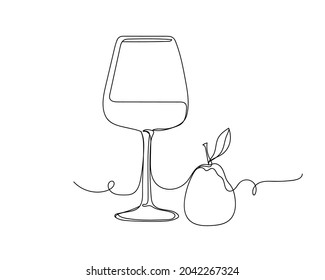 Kontinuierliche Einzeilenzeichnung von Wein mit Fruchtbirne Symbol in Silhouette auf weißem Hintergrund. Linear stilisiert.