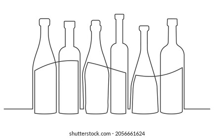 Dibujo continuo de una línea de botellas de vino. Juego de botellas de vino. Ilustración del vector