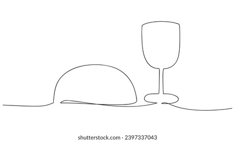 Continuous one line drawing of Wine and bread. Communion. Isolated in white background. Vector