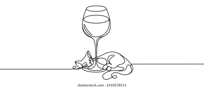 Continuous one line drawing. Wine glass and cat. Vector illustration