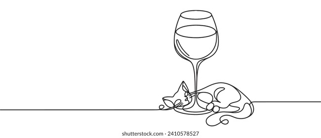 Dibujo continuo de una línea. Vidrio y gato. Ilustración del vector