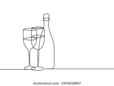 Continuous One Line Drawing of Wine Glasses and Wine Bottle. Wineglass Line Art Style for Logos, Business Cards, Banners. Black and White Minimalist Vector illustration	