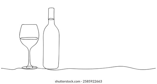 Continuous one line drawing of Wine glass and bottle. Drink in cup in linear style. Doodle vector illustration for restaurant and bar menu