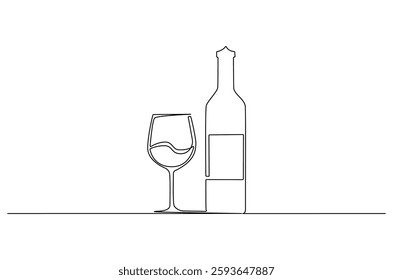Continuous one line drawing of Wine bottle and wine glass. Single line drawing illustration of Wine bottle with glass. Alcoholic drink concept vector art. Doodle line illustration.