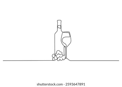 Continuous one line drawing of Wine bottle and wine glass. Single line drawing illustration of Wine bottle with glass. Alcoholic drink concept vector art. Doodle line illustration.