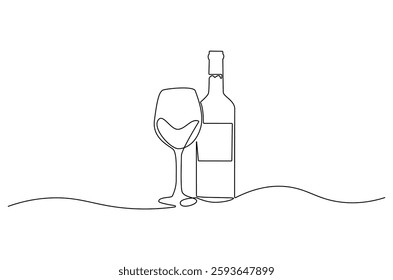 Continuous one line drawing of Wine bottle and wine glass. Single line drawing illustration of Wine bottle with glass. Alcoholic drink concept vector art. Doodle line illustration.