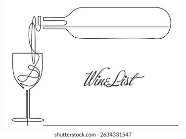 Continuous one line drawing of Wine glass and bottle. Drink in cup in linear style. Editable stroke. Black and white vector illustration for restaurant and bar menu