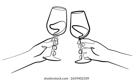 Dibujo continuo de una línea de copas de vino en bosquejo de manos aislado sobre fondo blanco. Dibujo de una sola línea de dos vidrios. Ilustración vectorial dibujada a mano mínima para café, fiesta, Festiva. No es IA