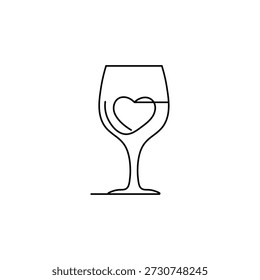 Dibujo continuo de una línea de una copa de vino con el símbolo del corazón, amante del vino minimalista y Ilustración vectorial de concepto romántico