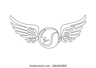 Continuous one line drawing winged icon featuring tennis ball. Flying tennis ball with wings in the sky. Moving tennis balls flying, falling isolated. Single line draw design vector illustration