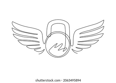 Continuous one line drawing winged graphic sign created with disc weight kettlebell sport equipment. Sport emblem for weightlifting gym and fitness club. Single line draw design vector illustration