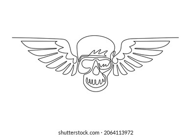 Continuous one line drawing winged skull grim reaper drawing in a vintage retro woodcut etched or engraved style. Winged human skull isolated logo. Single line draw design vector graphic illustration