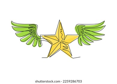 Continuous one line drawing winged ancient pentagonal star emblem, the best. Heraldic design element decoration, premium symbol. Retro style label, heraldry logo. Single line draw vector illustration