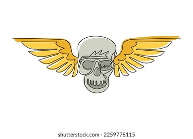 Continuous one line drawing winged skull grim reaper drawing in a vintage retro woodcut etched or engraved style. Winged human skull isolated logo. Single line draw design vector graphic illustration