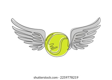 Continuous one line drawing winged icon featuring tennis ball. Flying tennis ball with wings in the sky. Moving tennis balls flying, falling isolated. Single line draw design vector illustration