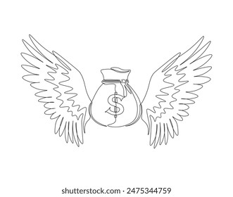 Continuous one line drawing of winged money bag flying. One line drawing illustration of winged money bag. Business concept single line. Editable outline.