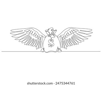 Continuous one line drawing of winged money bag flying. One line drawing illustration of winged money bag. Business concept single line. Editable outline.