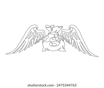 Continuous one line drawing of winged money bag flying. One line drawing illustration of winged money bag. Business concept single line. Editable outline.