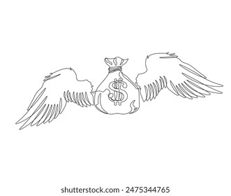 Continuous one line drawing of winged money bag flying. One line drawing illustration of winged money bag. Business concept single line. Editable outline.