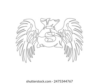 Continuous one line drawing of winged money bag flying. One line drawing illustration of winged money bag. Business concept single line. Editable outline.