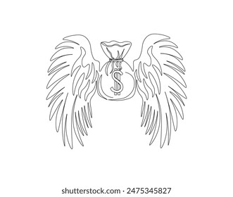 Continuous one line drawing of winged money bag flying. One line drawing illustration of winged money bag. Business concept single line. Editable outline.