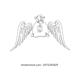 Continuous one line drawing of winged money bag flying. One line drawing illustration of winged money bag. Business concept single line. Editable outline.