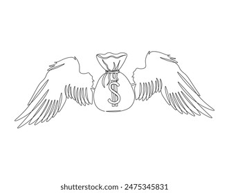 Continuous one line drawing of winged money bag flying. One line drawing illustration of winged money bag. Business concept single line. Editable outline.