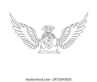 Continuous one line drawing of winged money bag flying. One line drawing illustration of winged money bag. Business concept single line. Editable outline.