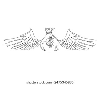 Continuous one line drawing of winged money bag flying. One line drawing illustration of winged money bag. Business concept single line. Editable outline.