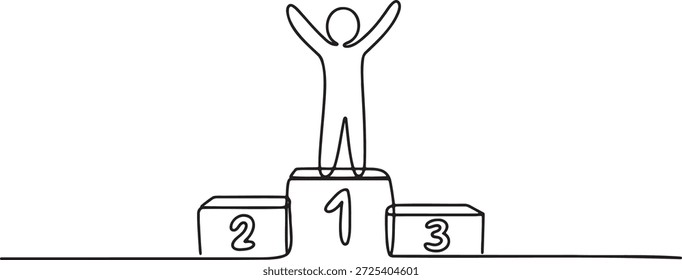 Desenho contínuo de uma linha de um vencedor de pé em um pódio. Uma pessoa celebrando a vitória em um pedestal, simbolizando o sucesso e a conquista. Estilo de arte de linha simples perfeito para eventos esportivos, prêmios ou motivação. Vetor abstrato que representa o triunfo. Ilustração vetorial de arte de linha única.