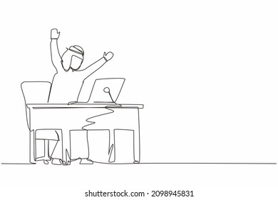 Continuous one line drawing winning online working technology concept. Arabic businessman stands in office with hand raised opposite computer screen celebrating success. Single line draw design vector