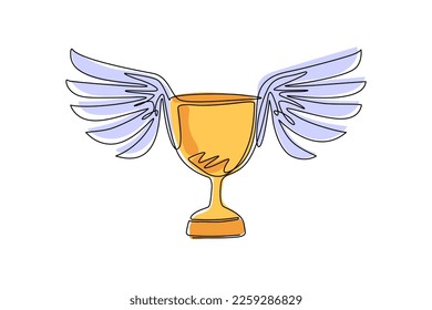 Continuous one line drawing winning trophy with wings design, winner first position competition success sport best leadership compete and challenge theme. Single line draw design vector illustration
