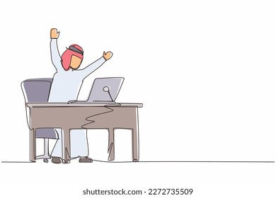 Continuous one line drawing winning online working technology concept. Arabic businessman stands in office with hand raised opposite computer screen celebrating success. Single line draw design vector