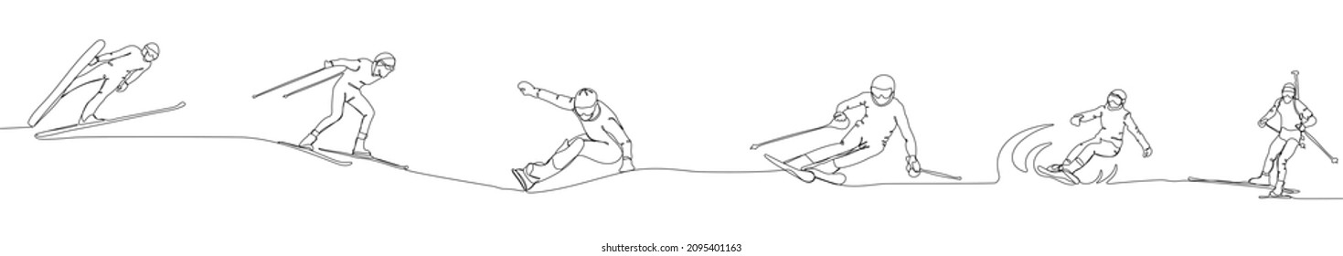 Continuous one line drawing winter sports athletes skiing. Slalom, cross-country skiing, snowboarding, biathlon. Vector illustration