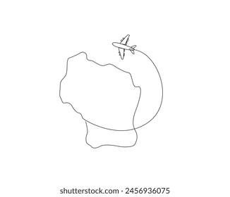 Continuous one line drawing of Wisconsin map with airplane. Wisconsin - America map combined with airplane simple outline vector illustration. Editable stroke.