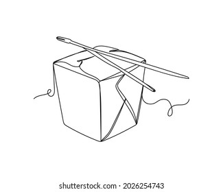Continuous one line drawing of wok box with food and chopsticks in silhouette on a white background. Linear stylized.Minimalist.