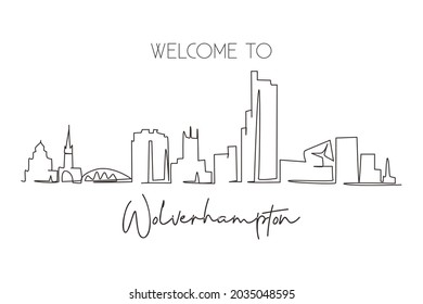 Continuous One Line Drawing Wolverhampton Skyline, England. Famous City Scraper Landscape. World Travel Home Wall Decor Art Poster Print Concept. Single Line Draw Design Vector Graphic Illustration