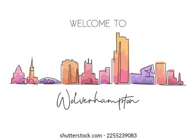 Continuous one line drawing Wolverhampton skyline, England. Famous city scraper landscape. World travel home wall decor art poster print concept. Single line draw design vector graphic illustration