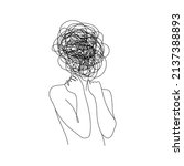 Continuous one line drawing of a woman with confused messy feelings worried about bad mental health. Problems stress illness and depression concept in simple linear style. Doodle Vector illustration