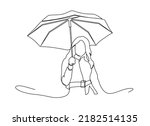 Continuous one line drawing of woman holding umbrella. Continuous Line Drawing of young woman with an umbrella cane. Girl with umbrella awesome and pretty continuous line drawing minimalist design.