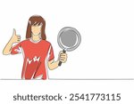 Continuous one line drawing woman hold teflon pan and making thumbs up gesture. Impressive cooking experience. Non-stick. Spectacular. National Teflon Day. Single line draw design vector illustration