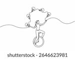 Continuous one line drawing a woman in casual clothes riding unicycle and juggling 5 light bulbs. Sharpen brain by playing balance. National Creativity Day. Single line draw design vector illustration