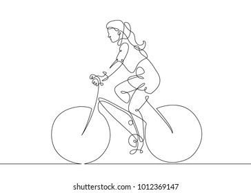 Continuous one line drawing  woman girl bicycle