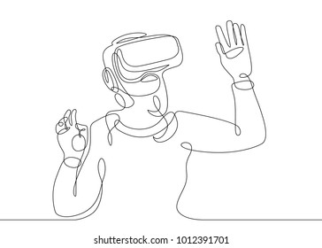 Continuous one line drawing woman girl in glasses device virtual reality