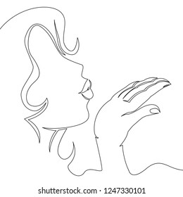 Continuous one line drawing woman in profile blowing kiss icon isolated vector illustration concept sketch