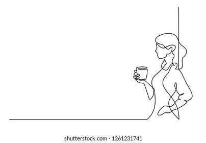 Dibujo continuo de una línea. Mujer relajándose con una taza de té. Ilustración del vector