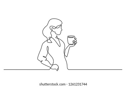 Continuous one line drawing. Woman relaxing with cup of tea. Vector illustration