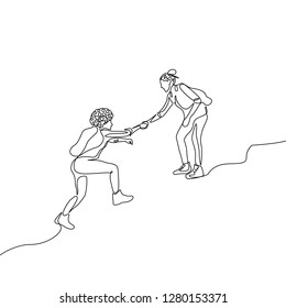 Continuous One Line Drawing Woman Help Climb Up To Other Woman. Mutual Support Concept