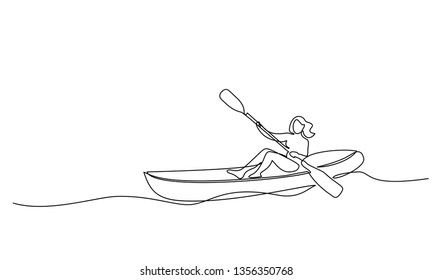 Continuous one line drawing Woman in canoe summer travel vector illustration