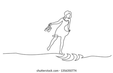 Continuous one line drawing  Woman walking water and shoes in her hands Vector illustration